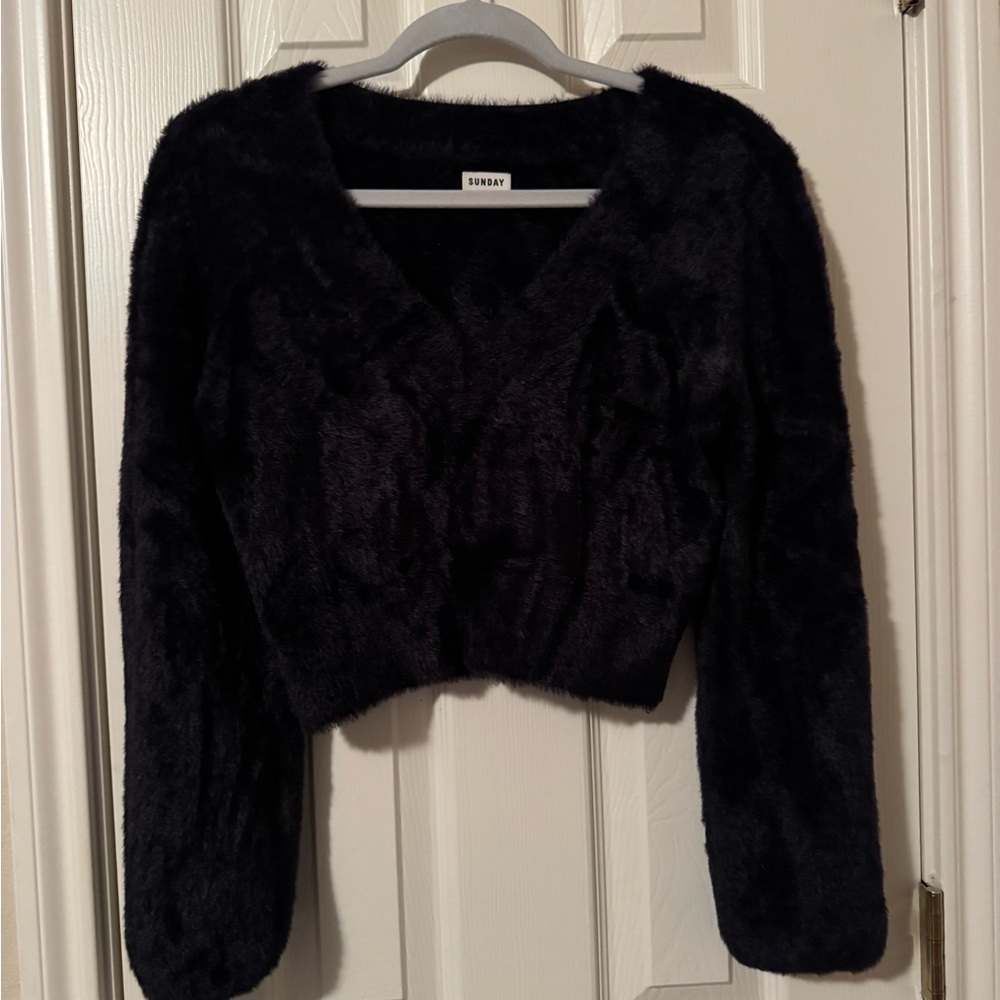 Aritzia Black Fuzzy V-Neck Blouse